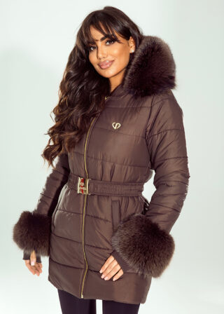 Alternative view of Brązowy pikowany płaszcz Lucrezia z obszyciem z lisa