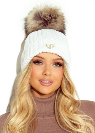 Biała czapka Meggie z pomponem z jenota